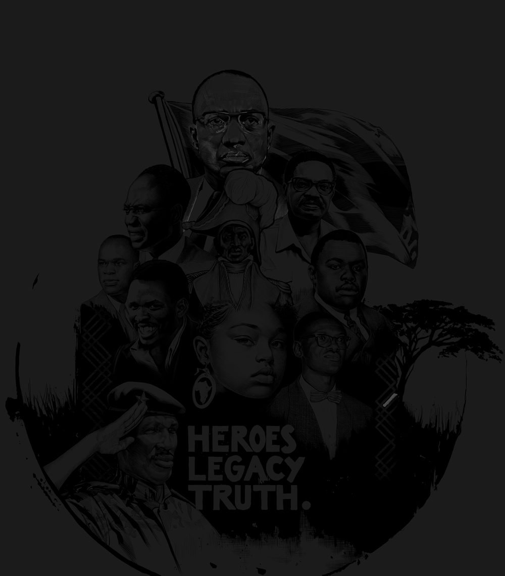 The back of the shirt — the hand-illustrated artwork of nine African liberation heroes.